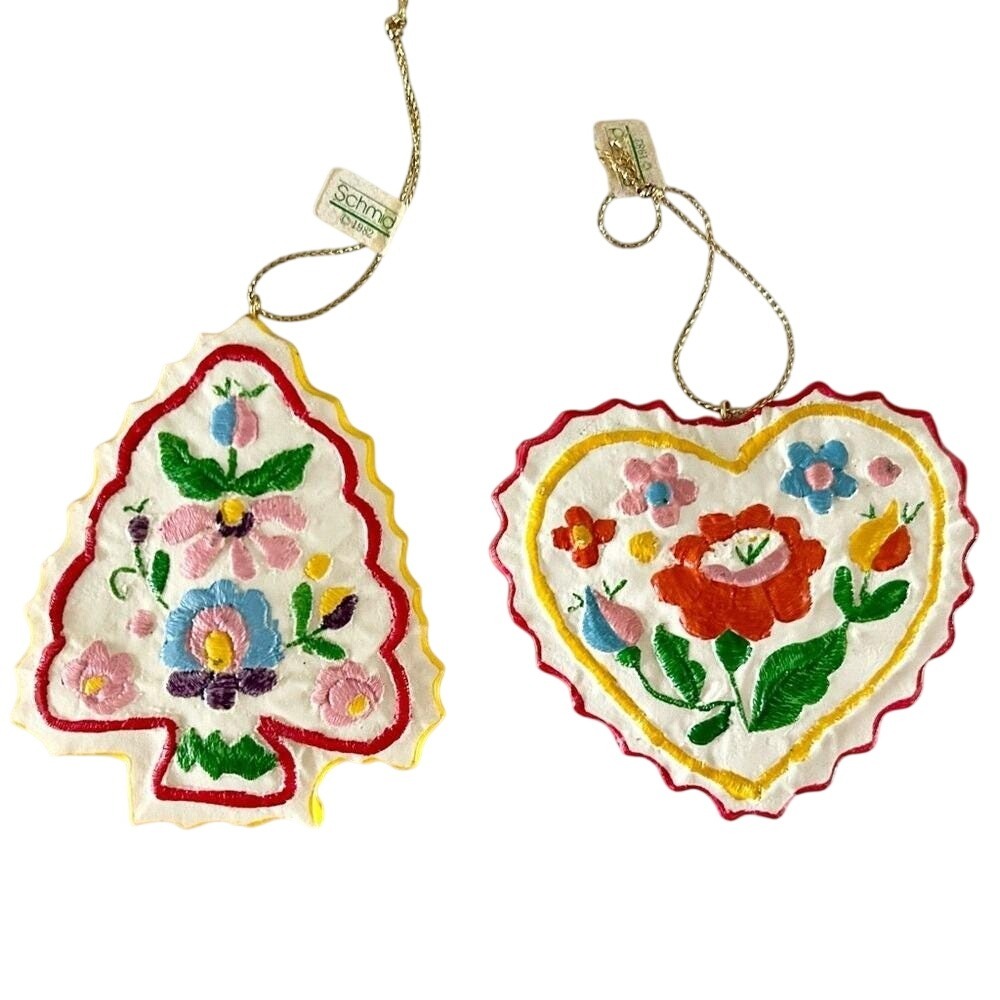 Set of 2 Vintage 1982 Schmid Resin Faux Embroidered Ornaments Tree and Heart
